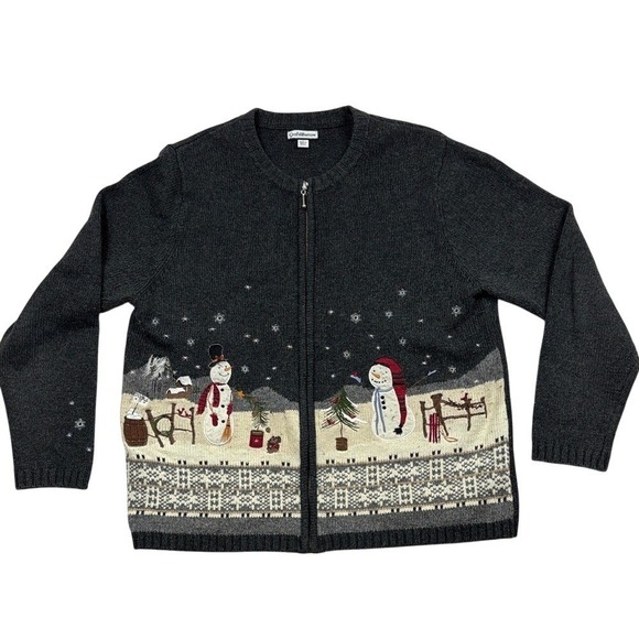 croft & barrow Sweaters - Croft & Barrow Zip Up Sweater with Snowman Design Womens Size Large Grey White